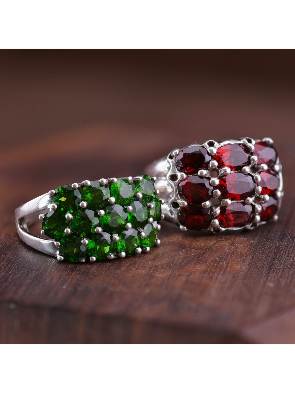 Two Sterling Cluster Statement Rings Deep Red Garnet & Forest Green Diopside 7